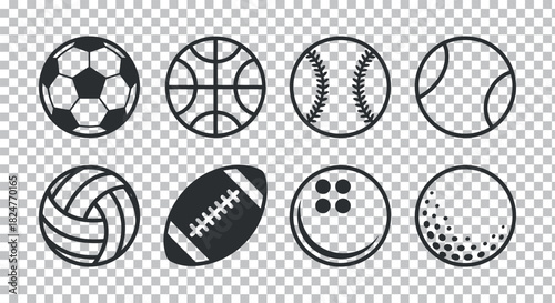 Sports equipment thin line icons for soccer basketball baseball and golf