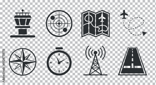 Airport navigation and air traffic control outline icons set
