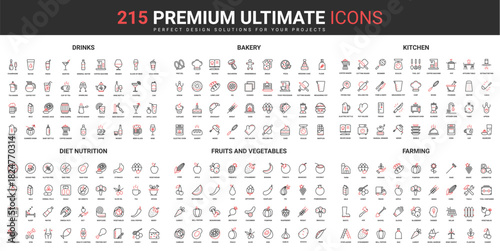 Diet food and nutrition, farming thin line red black icons set vector illustration. Abstract symbols of farm organic fruit, vegetables, baking drinks, kitchen tools simple design for mobile, web apps