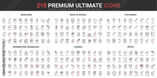 Education, science and information technology thin line red black icons set vector illustration. Abstract symbols of office and school stationery, training courses simple design for mobile, web apps