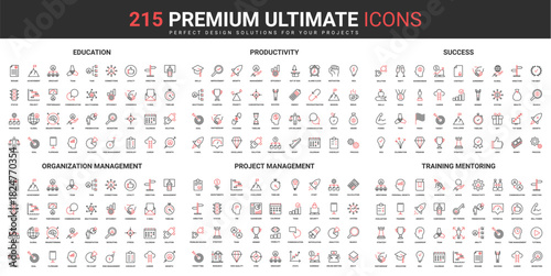Success of business organization thin line red black icons set vector illustration. Abstract symbols productivity of education, training, project management, mentoring simple design, mobile web apps