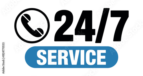 A graphic illustration depicts a 24/7 service icon with a telephone symbol.