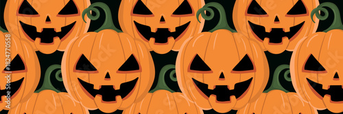 seamless pattern with scary smiling jack o lanterns on dark background spooky halloween holiday texture repeatable surface print
