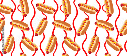 seamless pattern with hot dogs mustard and abstract flowing ketchup lines on white background street food wallpaper or fabric print