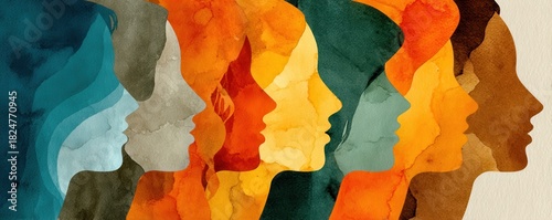 Watercolor silhouettes of colorful faces in profile, a vibrant abstract composition representing diversity