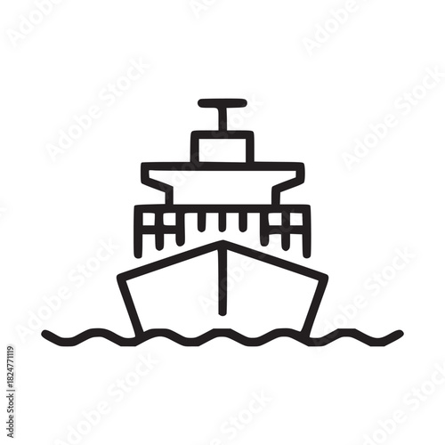 Outline drawing of a cargo ship sailing on water with a white background in a minimalist style