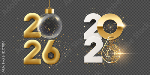 Happy new year 2026 backgrounds. Golden numbers with transparent Christmas ball and confetti, isolated on transparent background.