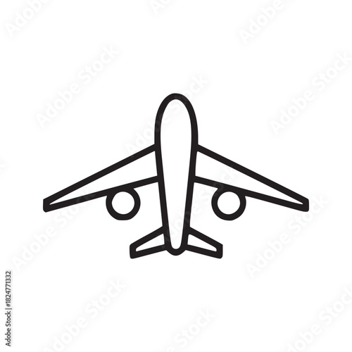 A simple line drawing of an airplane with visible wings tail and engines isolated on white background