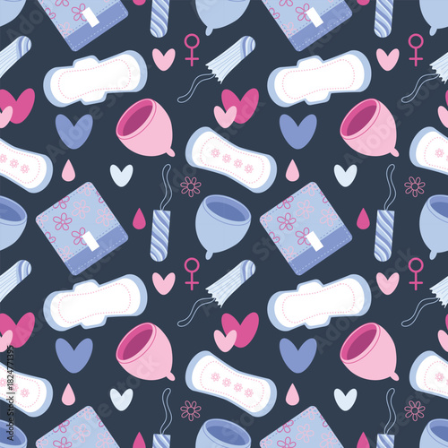 Hand drawn seamless pattern with women menstruation sanitary goods. Vector flat colored illustration. Disposable pad, tampon, menstrual cup, drops, hearts, calendar