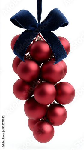 a cascade of plain red Christmas balls tied at the top with a dark blue velvet ribbon 