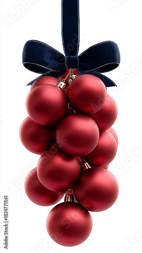 a cascade of plain red Christmas balls tied at the top with a dark blue velvet ribbon 