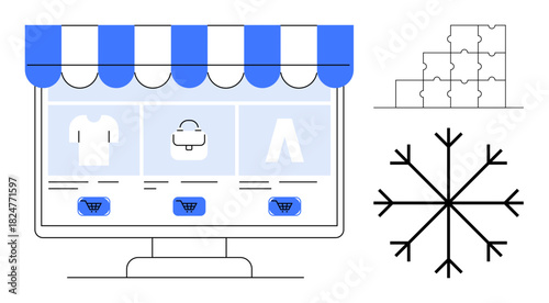 E-commerce concept. E-commerce ed with a digital storefront interface, shopping icons, and symbolic graphics. E-commerce streamlining online retail experiences. retail, technology, business