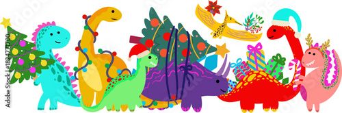 cute funny colorful dinosaurs are going to celebrate christmas horizontal border isolated on white background kids party banner design element