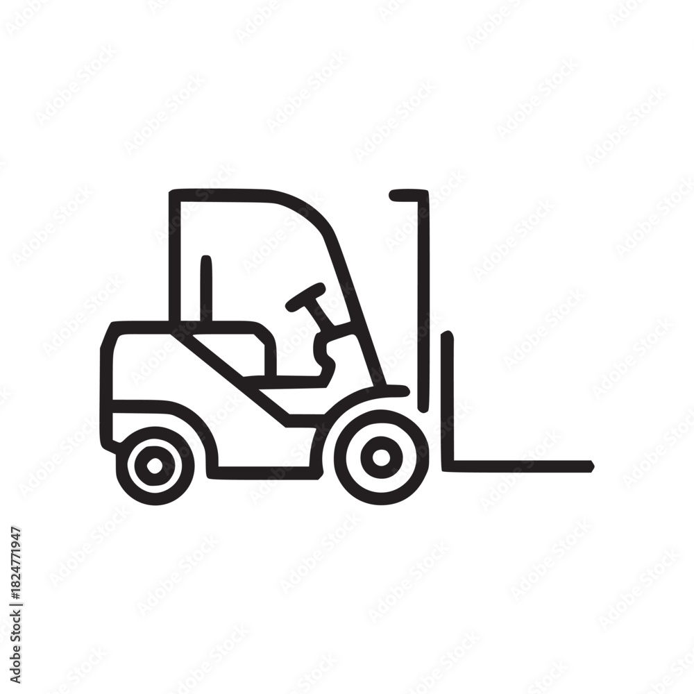 Fototapeta premium A minimalist line drawing of a forklift with visible steering wheel and lifting forks on a white background