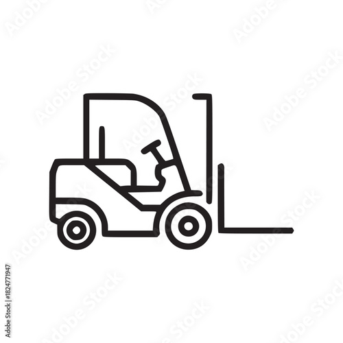 A minimalist line drawing of a forklift with visible steering wheel and lifting forks on a white background