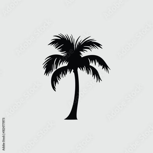 Black silhouette of a tropical palm tree with fronds on a light grey background.