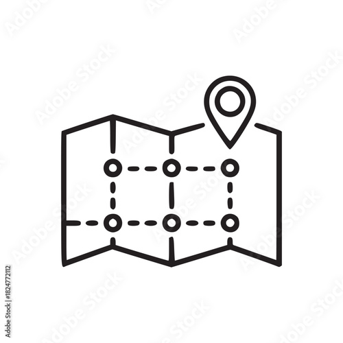 A simple line drawing of a folded map with a location pin marking a specific point on the map layout