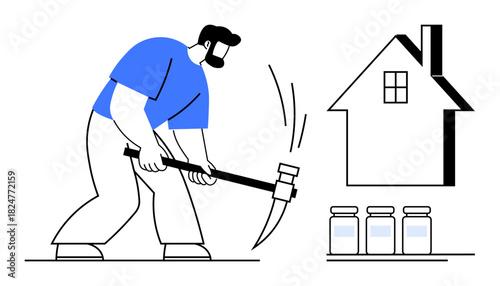 Man striking ground with pickaxe beside jars and house illustration. Ideal for construction, labor, hard work, resource gathering, development, determination, and diligence. Simple flat metaphor