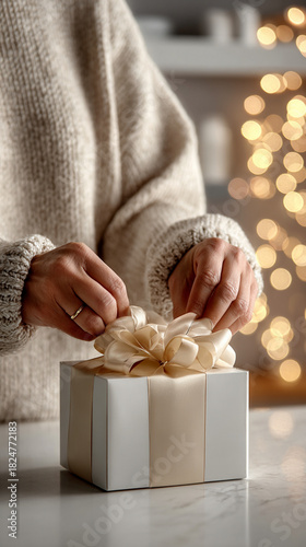 woman's hands wrapping a Christmas gift with soft satin ribbon