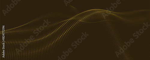 Futuristic dot wave. Abstract digital particle wave. Technology background. Colored musical wave. Dark background. Digital background with smooth, wavy curves. 3D vector illustration