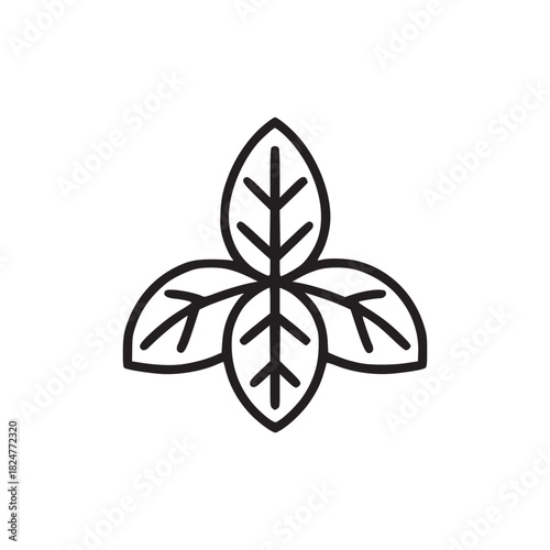 A minimalist line drawing of three stylized leaves arranged in a triangular pattern on white background