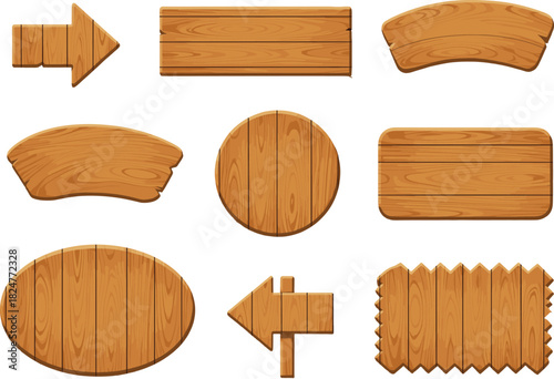 High-quality set of blank wooden plaques and arrow signs in different rustic shapes and textures, ideal for countryside navigation, game interfaces, and vintage information board vector illustration.