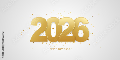 Happy new year 2026. Golden numbers with confetti in background. Holiday greeting card design.