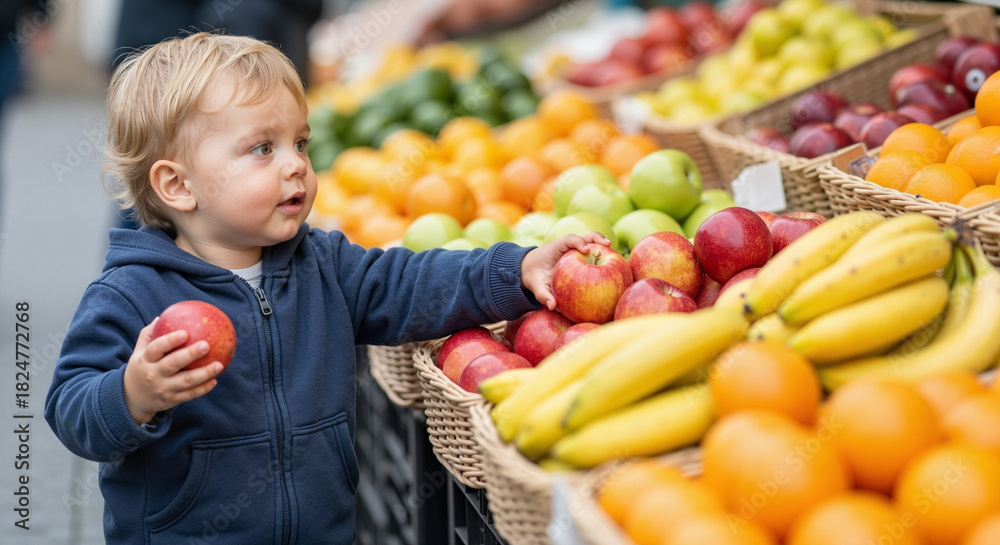 Fototapeta premium Toddler standing at fruit stall selecting apples and bananas in market 
