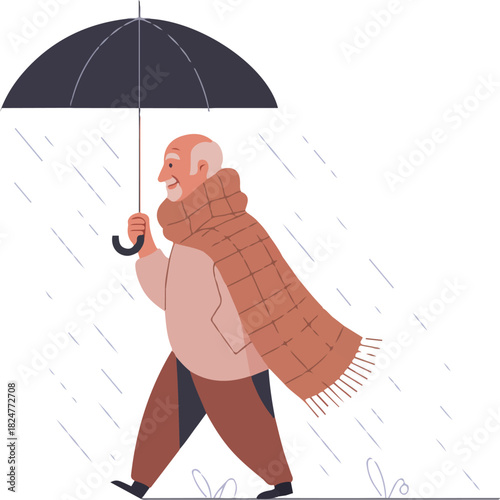 Senior man with umbrella walking in rain season covering head scarf outdoor cold weather concept old grandfather autumn vector illustration 