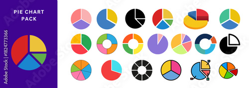 Pie Chart Icons Pack, business reporting visuals, segmented data illustrations, analytics chart symbols, performance measurement graphics for dashboards, infographics, and strategy presentations