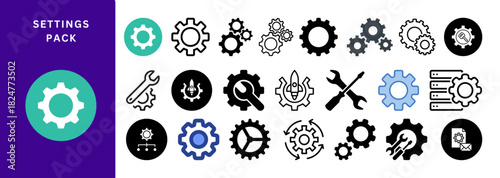 Settings Icons Pack, gear and mechanical visuals, engineering adjustment symbols, system configuration graphics, mechanical tool icons for apps, technology systems, and workflow dashboards