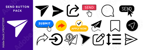 Send Button Icons Pack, message arrow visuals, communication symbols, share action illustrations, modern UI send graphics for messaging apps, social platforms, email tools, and digital interfaces