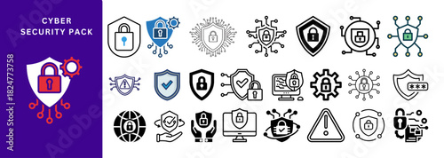 Cyber Security Icons Pack, shield and lock visuals, privacy protection symbols, encrypted data graphics, IT security icons for apps, networks, authentication systems, and secure digital environments