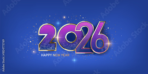 Happy new year 2026. Shiny colorful numbers with confetti in background. Holiday greeting card design.