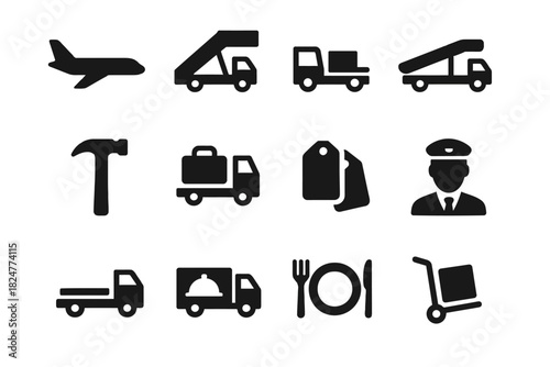 Black silhouette icons: airplane, vehicles, hammer, tags, server, diner, luggage cart