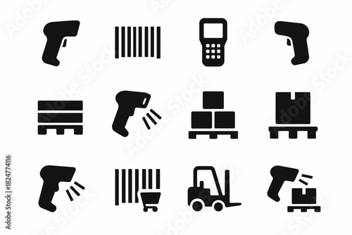 Barcode scanners and warehouse equipment icon set