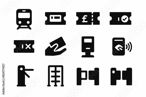 Public transportation icons: tickets, gates, contactless payment, and more