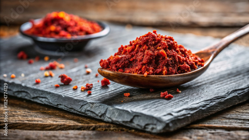 Spoonful of harissa showcases rich red color on slate and wood. This flavorful spoonful of harissa displays intense, rich red color, perfect for culinary presentations.