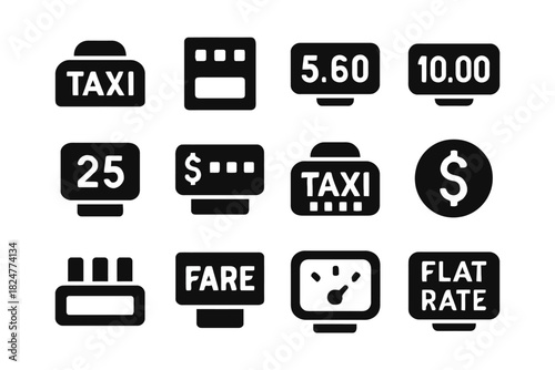 Taxi fare icons set: symbols for meter, rate, dollar, and payment