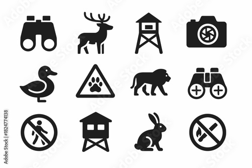 Set of wildlife and nature icons including deer, binoculars, watchtower, and no smoking signs