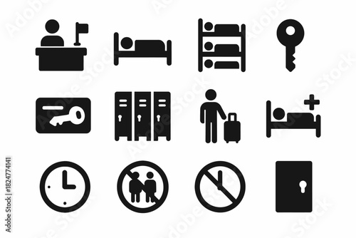 Black and white hotel icons: reception, rooms, key, amenities, and policies