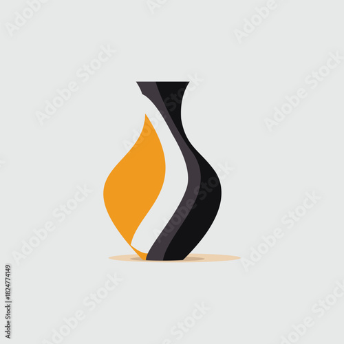 A stylized graphic of a vase with a flame-like orange and white design on one side and a black curved shape on the other.