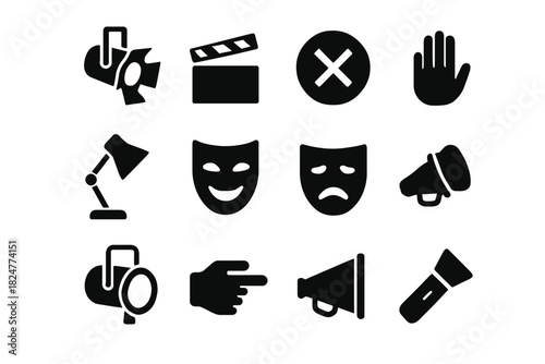 Theater and cinema icon set: spotlight, masks, director tools, megaphone, clapperboard