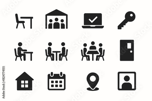 Icons of office furniture, people, technology, keys, and locations