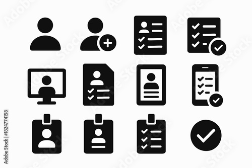 Black silhouette icons of user profiles, checklists, and digital communication tools
