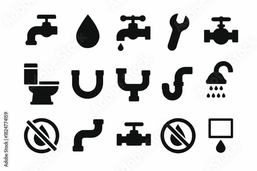 Silhouette icons of plumbing tools and fixtures including faucet and wrench