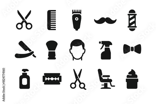 Barber icon set: scissors, razor, mustache, comb, and more