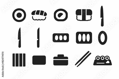 Icon set of sushi, knives, and plates in minimalist design