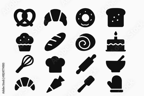 Silhouette icons: bakery tools and bread symbols collection