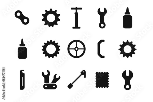 Collection of bicycle repair icons including tools and parts for maintenance